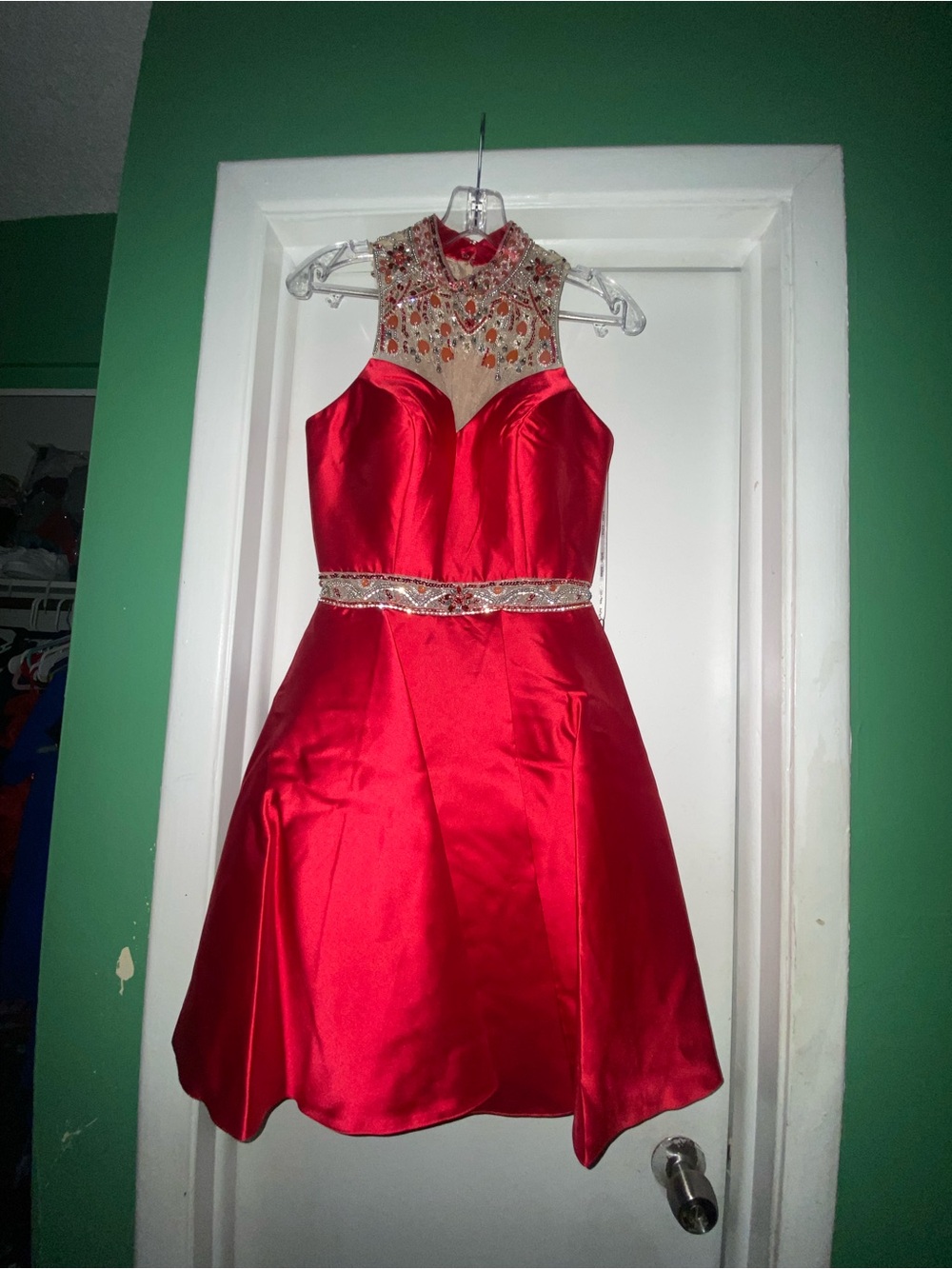 Girls Red Embellished High-Neck Party Dress